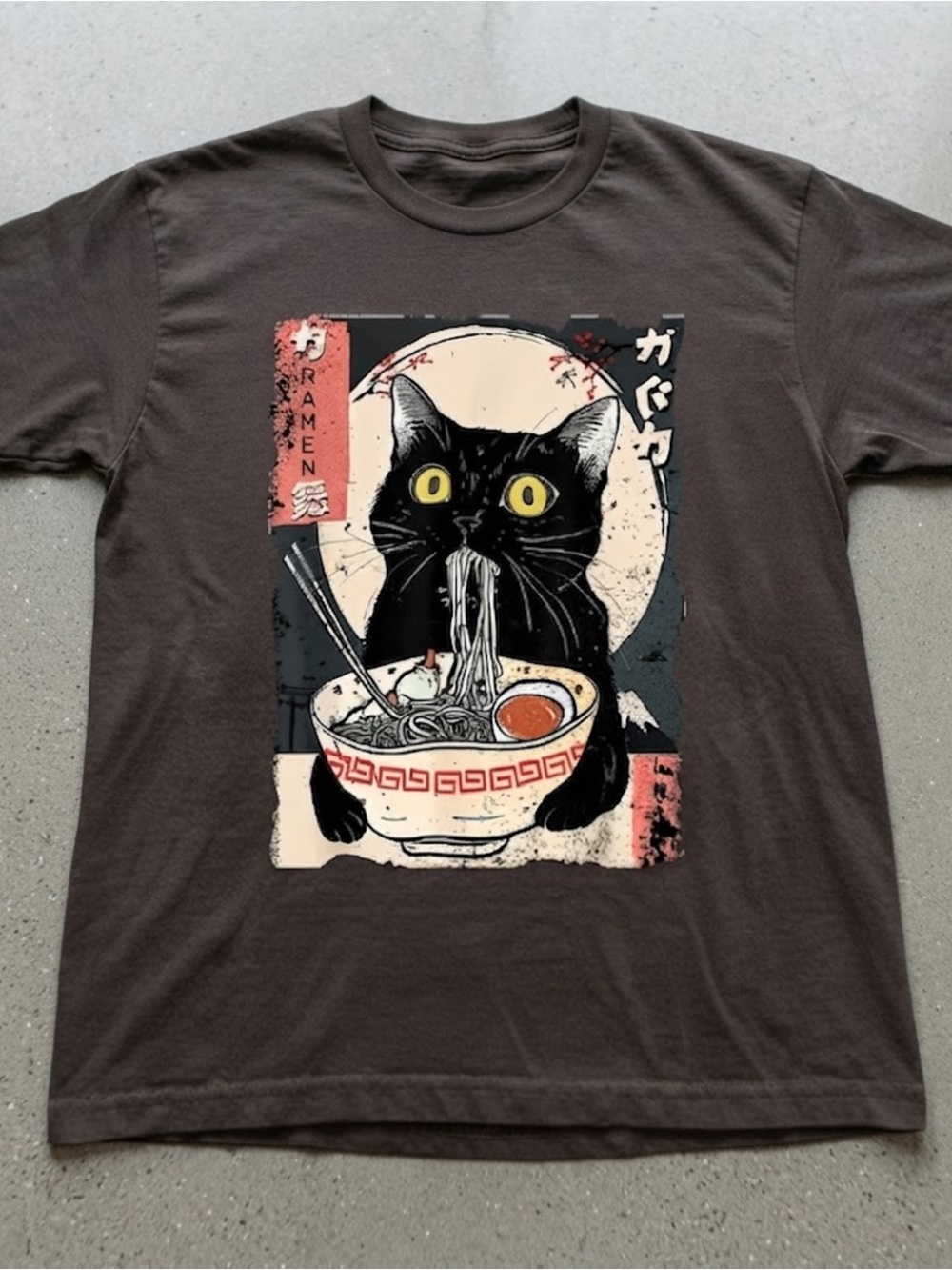 Japanese Ramen Cat Graphic Print Gildan Cotton Crewneck T-Shirt